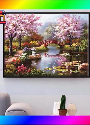 Bs набір для вишивання best mix хрестиком "сакура під мостом" 50×40 см, 14 ct — живописний пейзаж для bas77/n