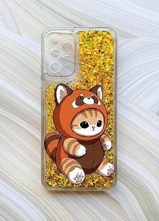 Чехол с плавающими золотыми блестками на samsung galaxy a23 котик панда (принт 423)