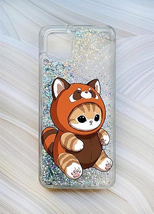 Чехол с плавающими серебряными блестками на samsung galaxy a04 котик панда (принт 423)