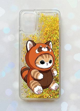 Чехол с плавающими золотыми блестками на samsung galaxy a03s (a037) котик панда (принт 423)