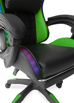 Геймерское кресло с rgb подсветкой, подушками и выдвижной подставкой для ног, черный/зеленый (g898)