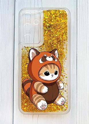 Чехол с плавающими золотыми блестками на samsung galaxy a55 котик панда (принт 423)
