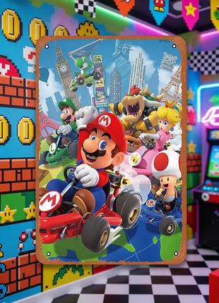 Металлическая винтажная табличка "mario kart" (марио карт) 14х20 см