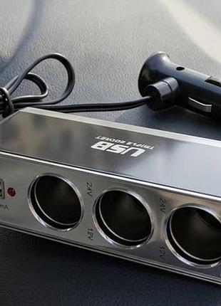 Тройник в прикуриватель из usb, 3 выхода, wf-0096, черный / автомобильный разветвитель прикуривателя / зарядное устройство авто