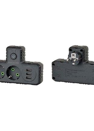 Розетка тройник f302-black с заземлением 2 розетки и 3 usb порта для дома и офиса зарядное устройство 25 ve-33