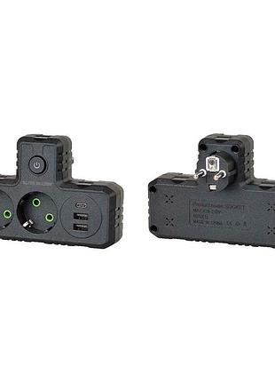 Розетка тройник voltronic f303-black т-образная с заземлением 2 розетки 2usb 1type-c для дома и офиса ve-33
