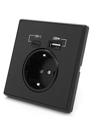 Врезная розетка с заземлением ac 110-250v 16a usb type-c черная для дома и офиса зарядка устройств ve-33