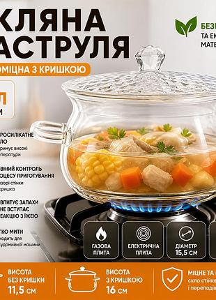 Прозрачная кастрюля на 2л из боросиликатного стекла с крышкой и ручками стеклянная термостойкая кастрюля для газовых и электрическ