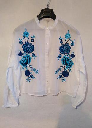 Женская рубашка блуза с вышивкой zara l xl 48 50 52 хлопок