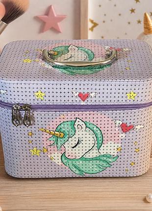 Детская косметичка-бокс с единорогом 22×16×14 см, кейс для косметики с зеркалом, фиолетовый органайзер