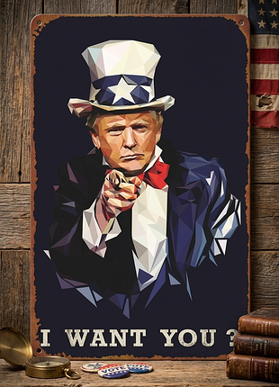 Металлическая табличка трамп в образе дяди сэма политика/стиль 14х20см