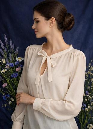 Vinilia classic*s 🍑 блуза натуральний шифон ваніль комір аскот з бантом з рукавом нежная полупрозрачный крепштфон ваниль