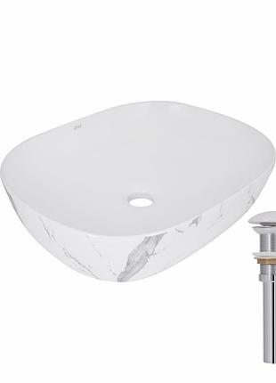 Раковина накладная qtap aquarius 470x380x120 мм, marble, прямоугольная, с донным клапаном qtaqa188mr49782