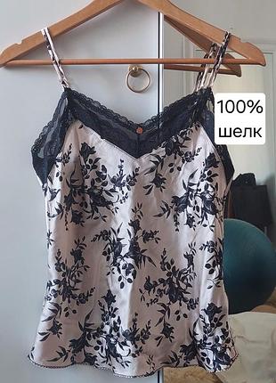 100% шёлк, майка на бретелях с ажуром и цветами