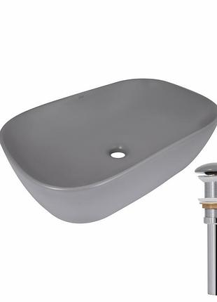 Раковина накладная qtap robin 600x390x150 мм, stone grey, прямоугольная, с донным клапаном qtrob188sg49786