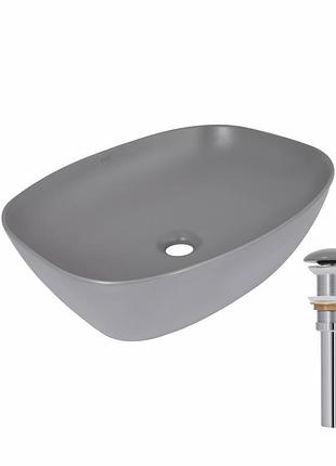 Раковина накладная qtap cardinal 500х380х140 мм, stone grey, прямоугольная, с донным клапаном qtcar188sg49824