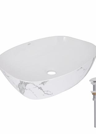 Раковина накладная qtap cardinal 500х380х140 мм, marble, прямоугольная, с донным клапаном qtcar188mr49826