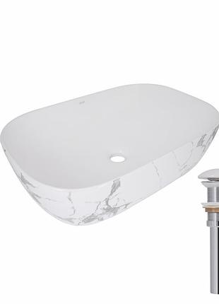 Раковина накладная qtap robin 600x390x150 мм, marble, прямоугольная, с донным клапаном qtrob188mr49788