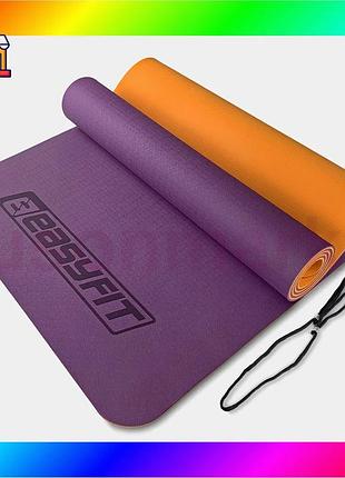 Bs коврик для йоги best mix и фитнеса easyfit tpe+tc 6мм двухслойный фиолетово-оранжевый bas77/n