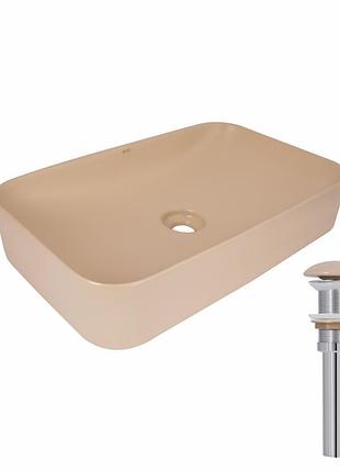Раковина накладная qtap tern 610x350x135 мм, beige, прямоугольная, с донным клапаном qtter188sb49790