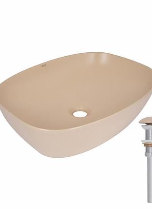 Раковина накладная qtap cardinal 500х380х140 мм, beige, прямоугольная, с донным клапаном qtcar188sb49825
