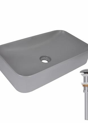 Раковина накладная qtap tern 610x350x135 мм, stone grey, прямоугольная, с донным клапаном qtter188sg49789