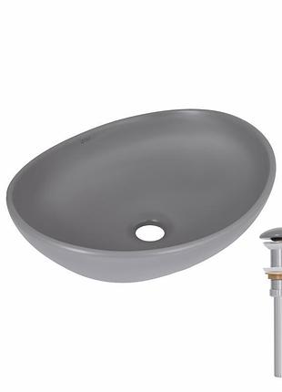Раковина накладная qtap dove 415x340x140 мм, stone grey, овальная, с донным клапаном qtdov188sg49783