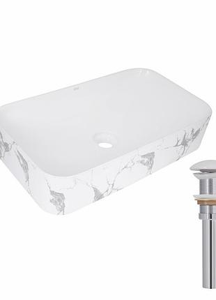 Раковина накладная qtap tern 610x350x135 мм, marble, прямоугольная, с донным клапаном qtter188mr49791