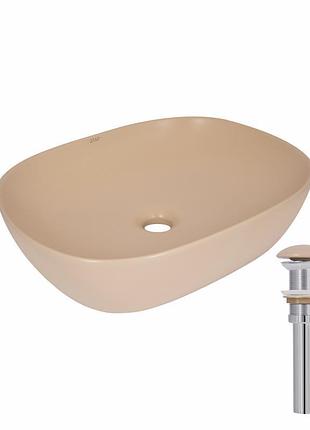 Раковина накладная qtap aquarius 470x380x120 мм, beige, прямоугольная, с донным клапаном qtaqa188sb49781