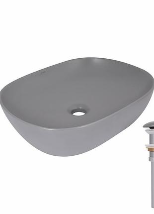 Раковина накладная qtap aquarius 470x380x120 мм, stone grey, прямоугольная, с донным клапаном qtaqa188sg49780