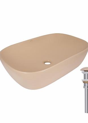 Раковина накладная qtap robin 600x390x150 мм, beige, прямоугольная, с донным клапаном qtrob188sb49787