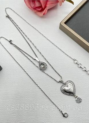 Колье александр маккуин heart crystal layered necklace silver люкс качество