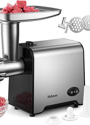 Yabano - электрическая мясорубка 3000 вт, 3 перфорированных диска из нержавеющей стали (3, 5, 7 мм), насадка для колбасы, реверс