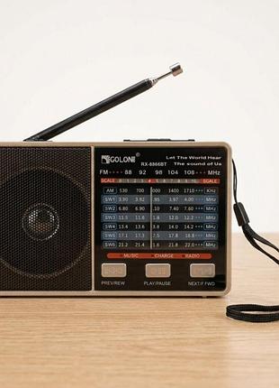 Радіоприймач golon rx-8866bt, акумуляторний, 3 вт, bluetooth, fm am sw, usb microsd, ліхтарик, золотий