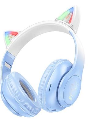 Наушники hoco w42 cat ear bluetooth с кошачьими ушками и led подсветкой голубые с белым