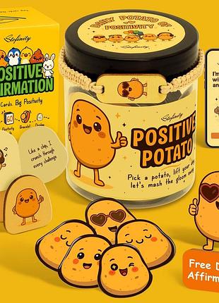 Набір мотиваційних карток positive potato — антистрес подарунок з афірмаціями та дерев’яними фігурками картоплин