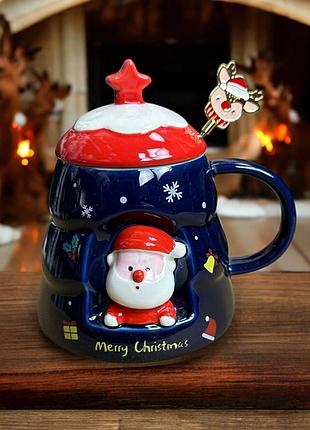 Кружка с крышкой новогодняя merry christmas 14849 400 мл синяя с красным