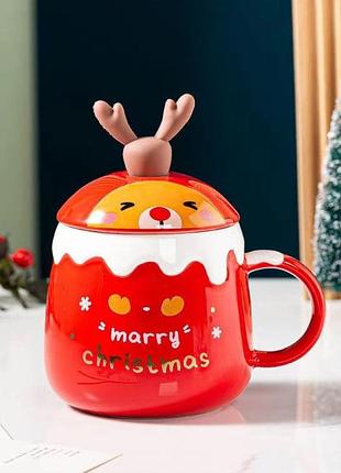 Новорічна чашка з кришкою червона олень 450 мл merry christmas
