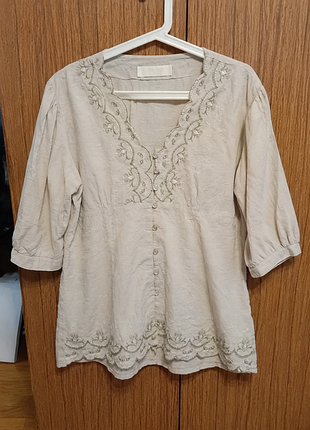 Ніжна вишита блуза boho бежева лляна сорочка з мереживом | l-xl