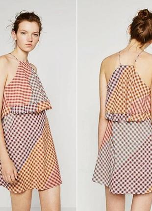 Летнее платье в клетку с бахрамой zara размер l