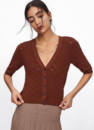 Топ zara, s, xs, кофта, кардиган, джемпер, сетка, вязаный, летний кардиган, желетка, керпичный цвет, стильный летний топ, женственный, элегантный
