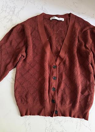 Топ zara, s, xs, кофта, кардиган, джемпер, сетка, вязаный, летний кардиган, желетка, керпичный цвет, стильный летний топ, женственный, элегантный