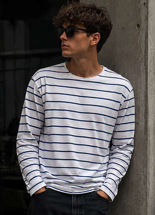 Шикарный мужской хлопковый лонгслив белого цвета в синюю полоску scotch&soda, оригинал