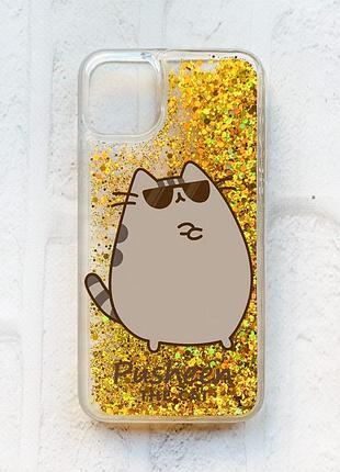 Чехол с плавающими золотыми блестками на iphone 11 пушин кот (принт 424)