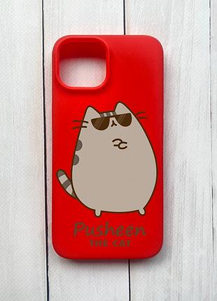 Матовый чехол на iphone 15 красный пушин кот (принт 424)