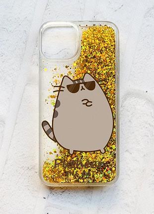 Чехол с плавающими золотыми блестками на iphone 14 пушин кот (принт 424)