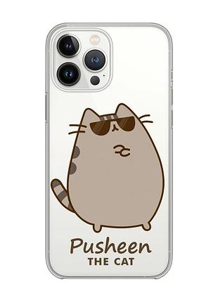 Прозрачный чехол с защитой камеры на iphone 14 pro пушин кот (принт 424)