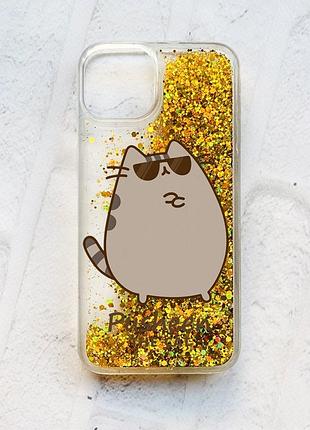 Чехол с плавающими золотыми блестками на iphone 13 пушин кот (принт 424)
