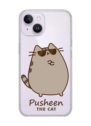 Прозрачный чехол с защитой камеры на iphone 14 пушин кот (принт 424)