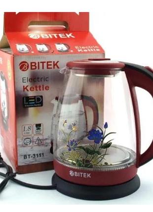 Bitek електрочайник скляний 1,8 л 2400вт з квіткою